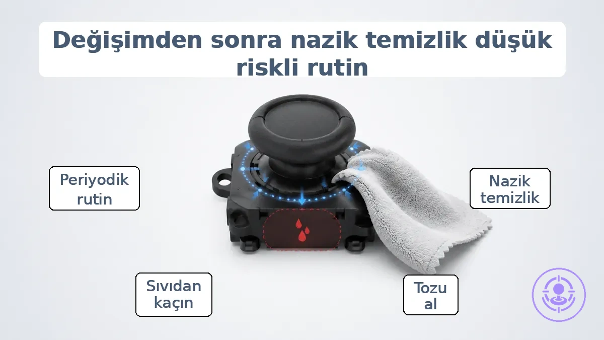 Joy-Con çubuk alanının, nazik temizlik noktalarını ve aşırı sıvıdan kaçınma uyarısını gösteren işaretlenmiş görüntüsü.