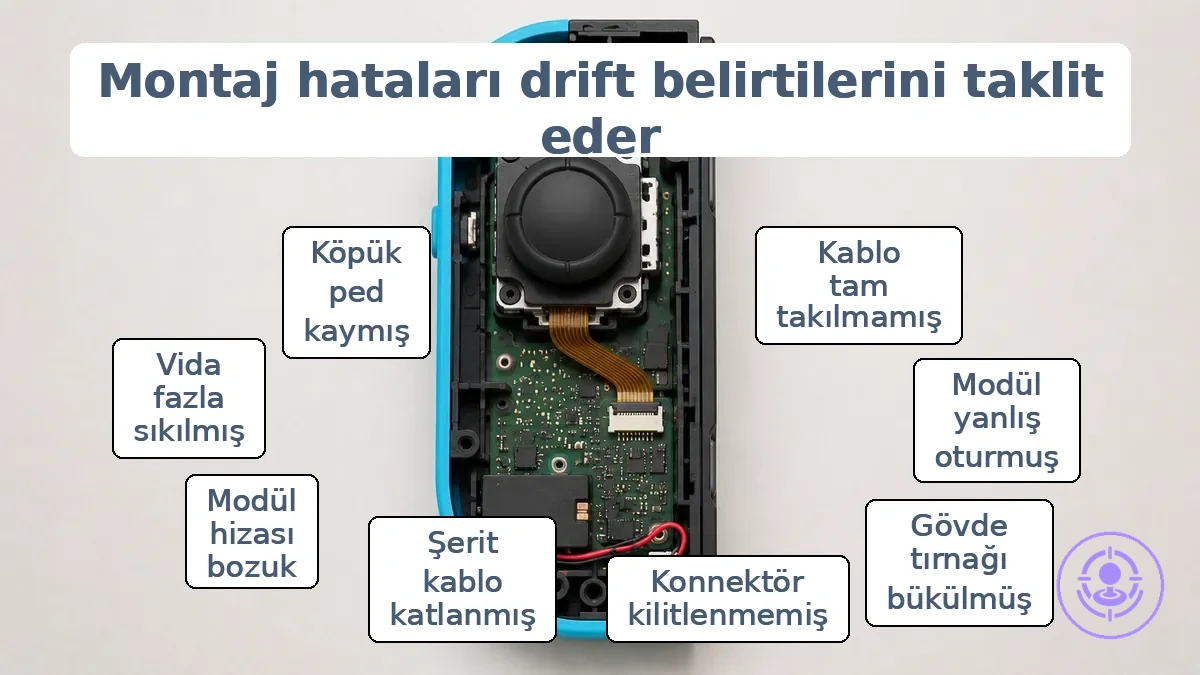 Onarım sonrası drifti taklit edebilen joystick modülü ve konnektör oturma noktalarını gösteren açıklamalı Joy-Con iç diyagramı