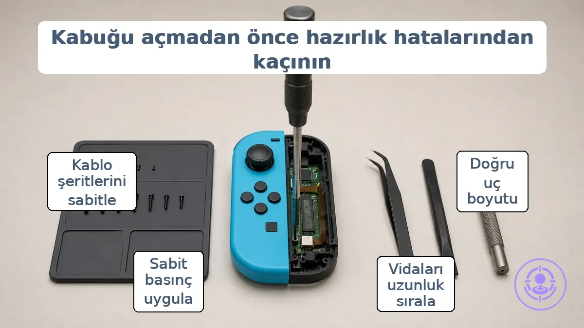 Doğru Joy-Con onarım hazırlığı: tornavida ucu doğru oturtulmuş ve vidalar boylarına göre düzenlenmiş.