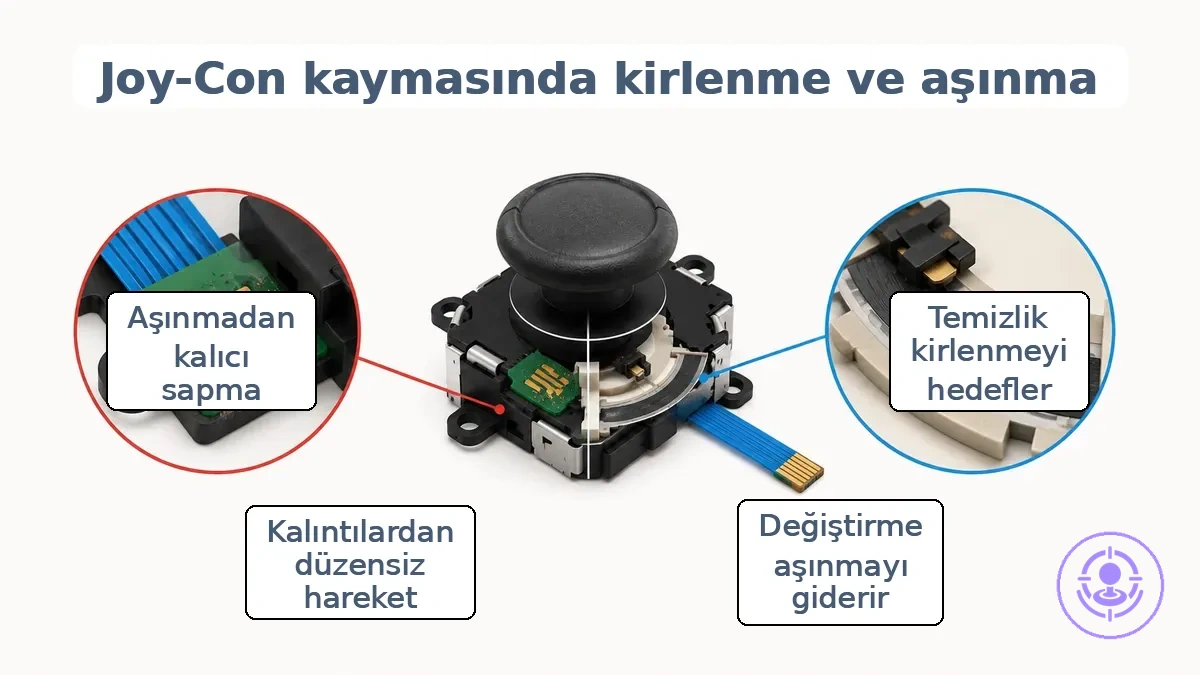 Temas pedlerinin yakınında temizlik bunu etkiler etiketli bir kirlenme alanı ve dirençli iz üzerinde değişim bunu etkiler etiketli bir aşınma noktası gösteren Joy-Con joystick modülü şeması