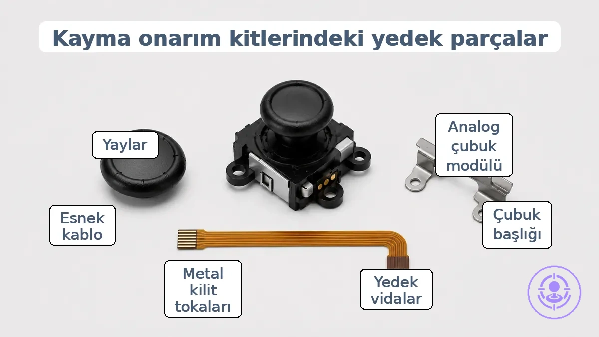 Joy-Con drift onarım kiti yedek parçaları etiketlenmiş: analog çubuk modülü, thumbstick kapakları ve küçük donanım.