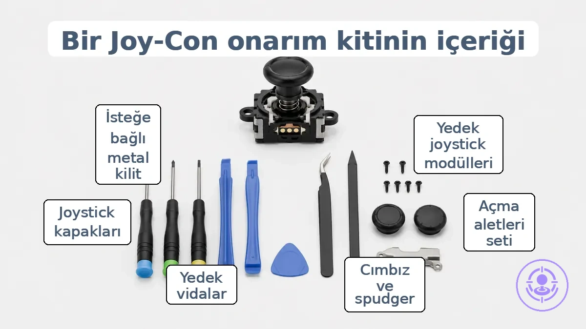Joy-Con drift onarım kitinde genellikle üst düzeyde neler bulunduğunu gösteren işaretlenmiş görsel