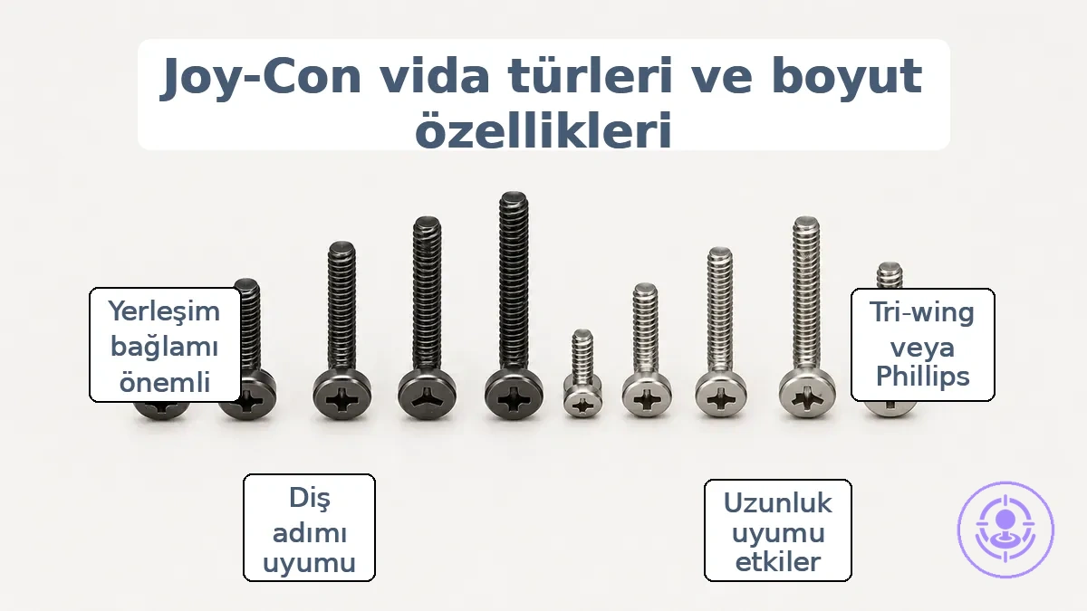 Daha güvenli eşleştirme için farklı uzunlukları ve baş profillerini gösteren işaretlenmiş Joy-Con onarım vidaları.