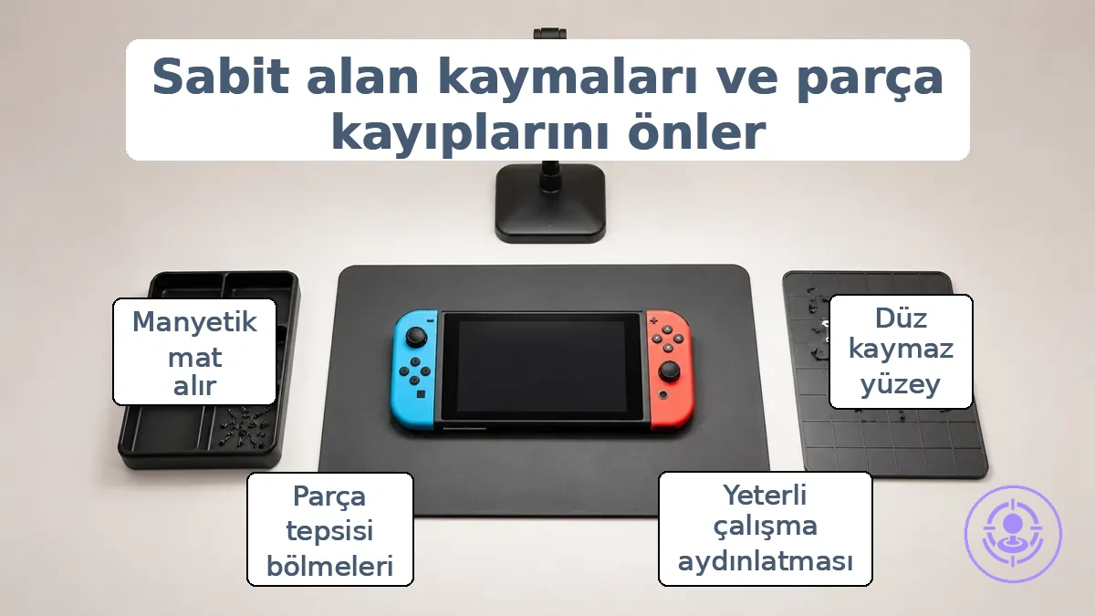 Parça tepsisi ve manyetik matın sabit bir yüzeyde düzenlendiği, iyi aydınlatılmış bir çalışma alanı