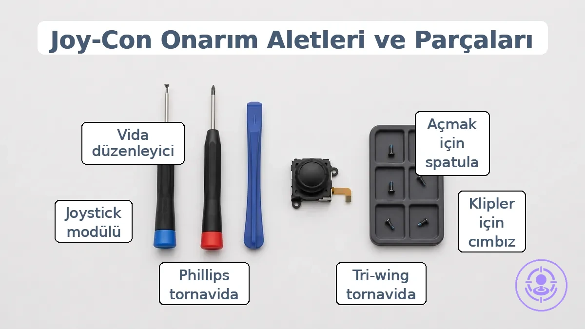 Joy-Con drift onarımı için kritik araçlar ve parçalar: üç kanallı tornavida, Phillips tornavida, spudger ve yedek joystick modülü.