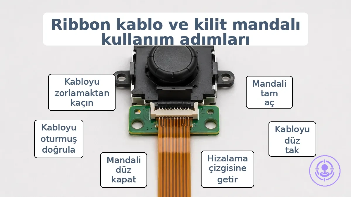 Joy-Con joystick değişimi sırasında şerit kablo konnektör mandalı konumu ve oturmuş hizalama.