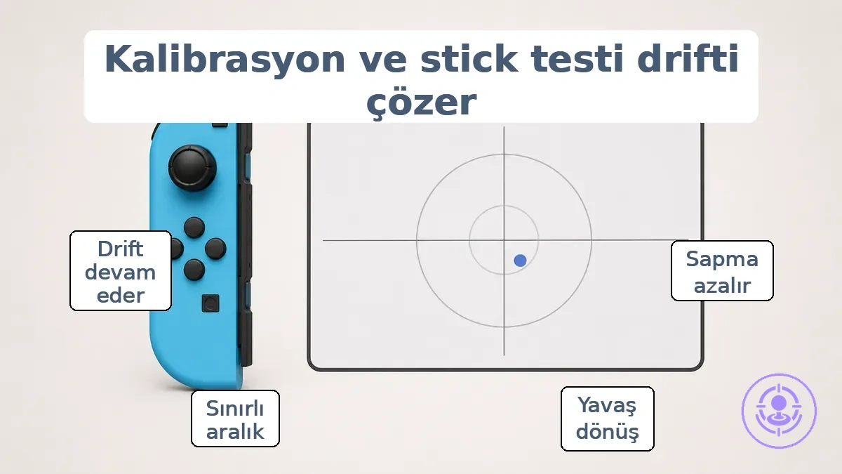 Joy-Con merkez noktası ve joystick değişiminden sonraki merkezden kaymış okumayı gösteren açıklamalı çubuk testi örneği