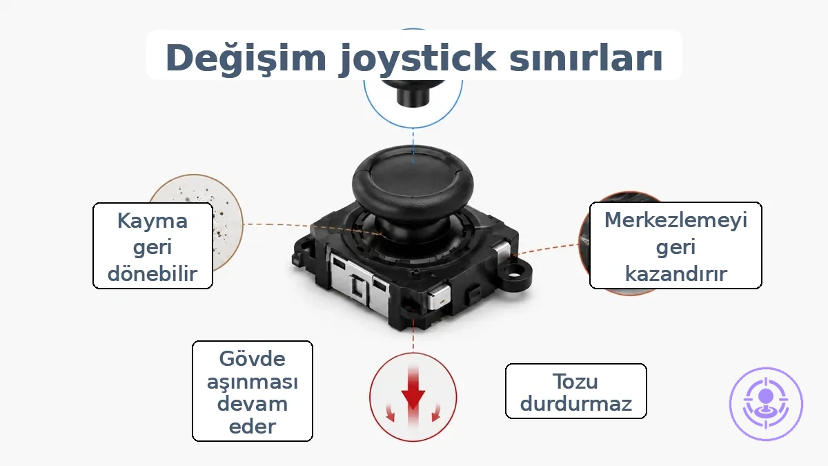 Joy-Con joystick modülü değişimini ve uzun vadeli drift tekrarlamasını hâlâ etkileyen çevresel alanları gösteren diyagram.