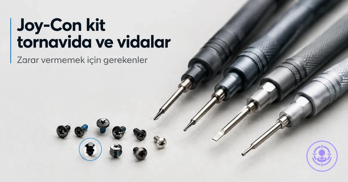 Joy-Con drift onarım kitinde kullanılan hassas tornavidalar ve küçük vidaların yakın plan görüntüsü